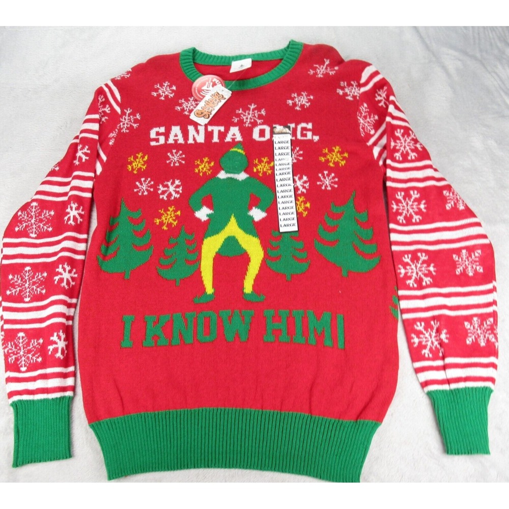 Elf Sweater Men Large Red The Ugly Christmas Santa OMG Crew Neck Pullover NWT